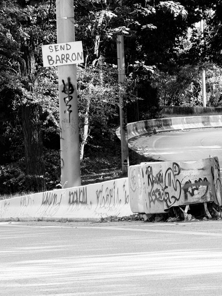 SEND BARRON sign on a signpost above graffiti-covered barriers