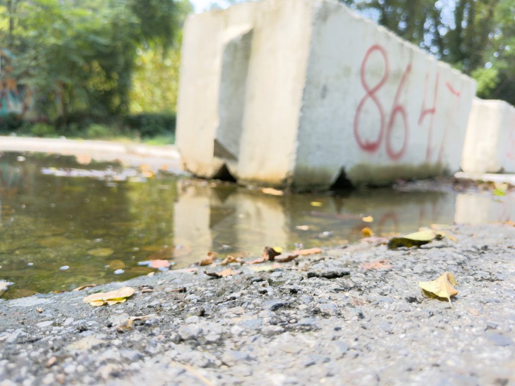Barrier painted 8647 beside standing water