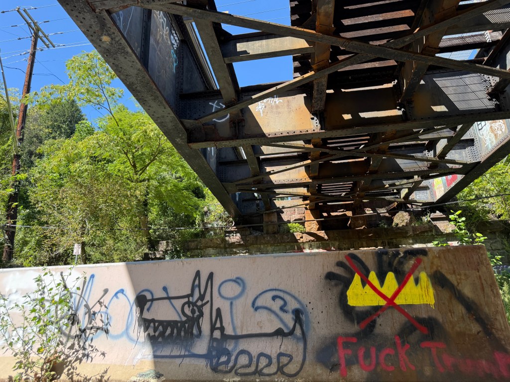 Yellow crown crossed out with a red X on a barrier beneath the bridge