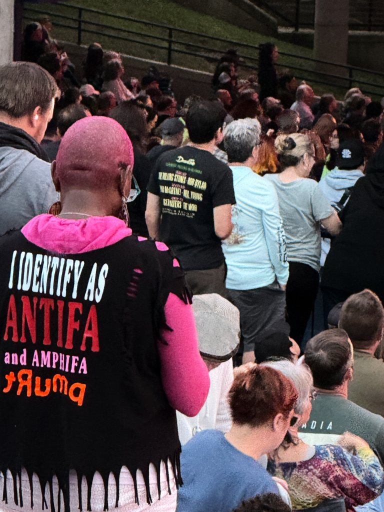 Festivalgoer seen from behind in a shirt reading I Identify as Antifa